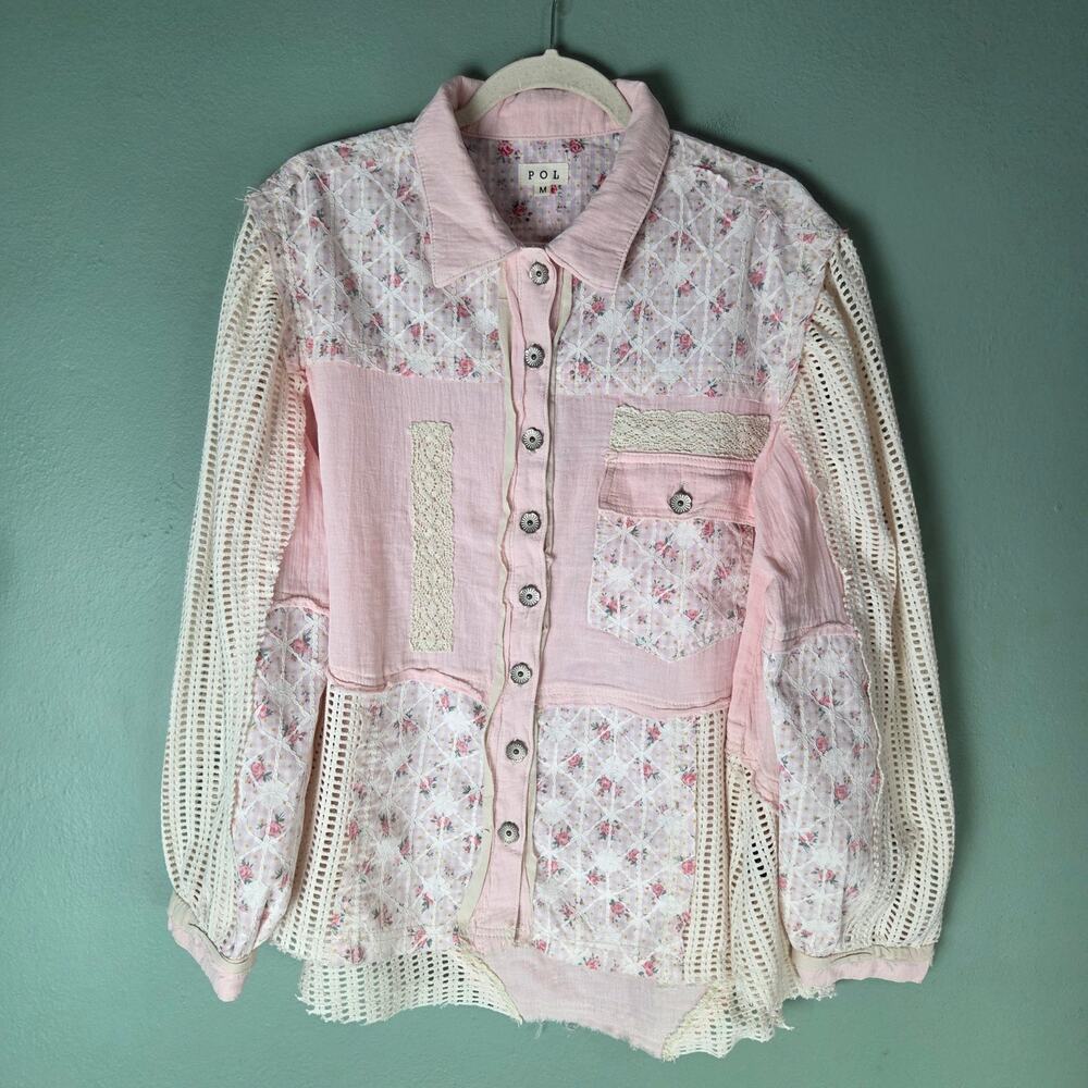 POL Womens Medium Pink Floral Lace Western Oversized Shacket Cottagecore Boho